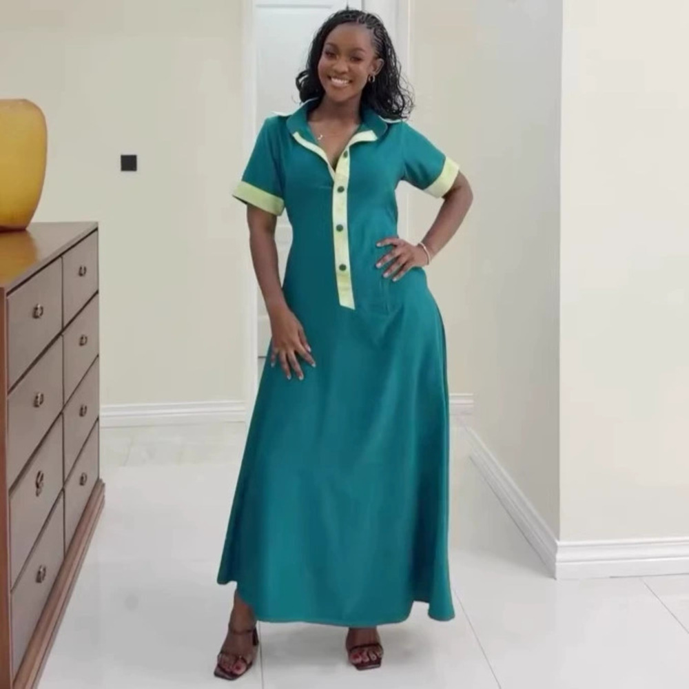 Elegant Patchwork Color Block Notch Collar Button Plus Size African Long Dress